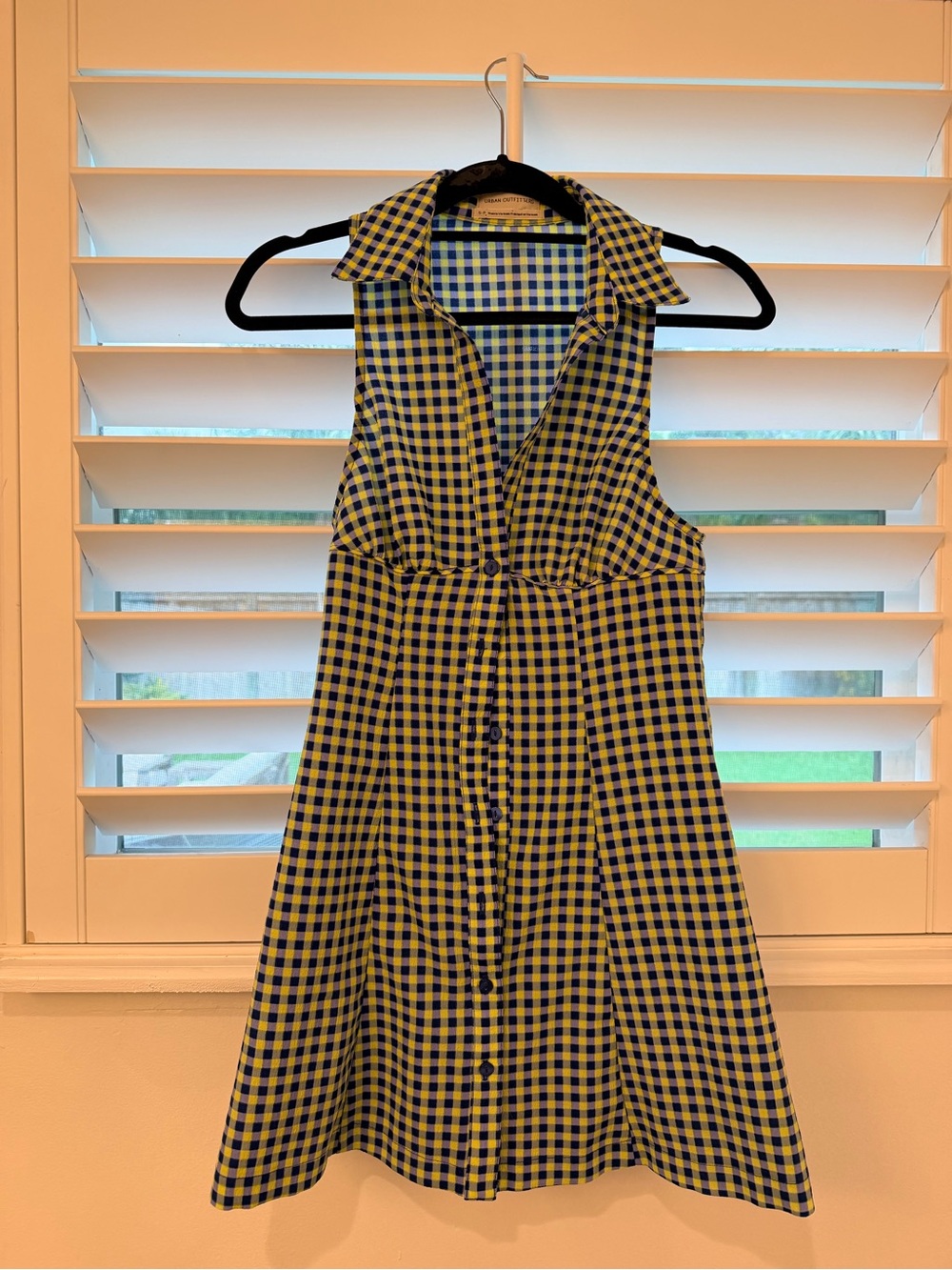 Urban Outfitters Sleeveless Yellow and Navy Gingham Button-Front Dress